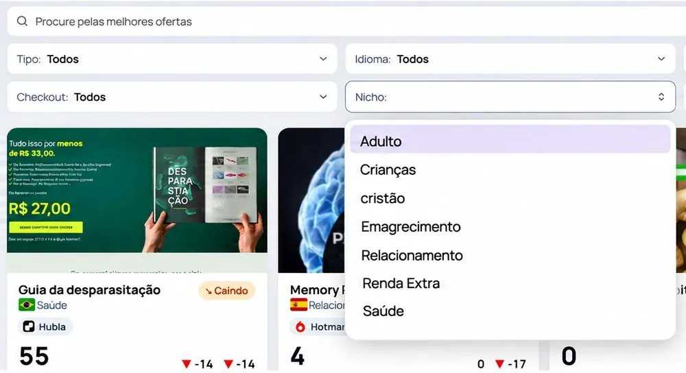 Filtros do Garimpro por tipo, idioma, checkout e nicho, com a lista de nichos aberta