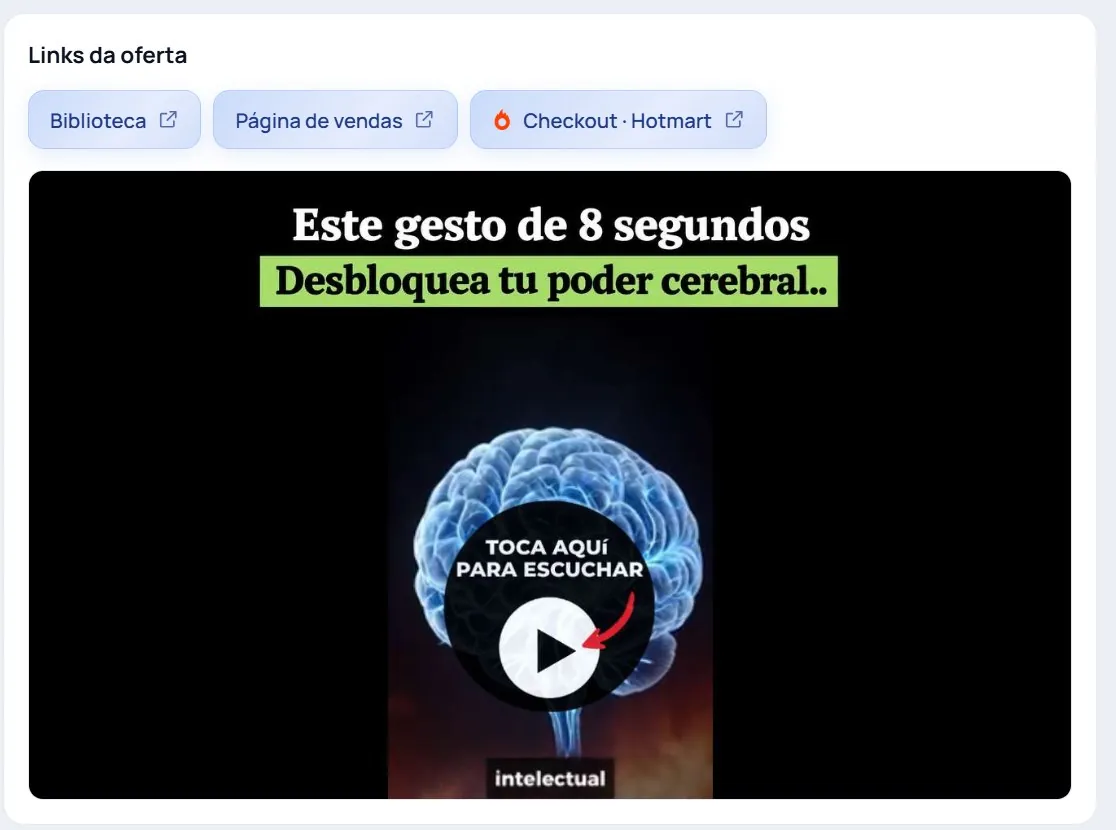 Links da oferta no Garimpro: Biblioteca, página de vendas, checkout na Hotmart e o vídeo do anúncio