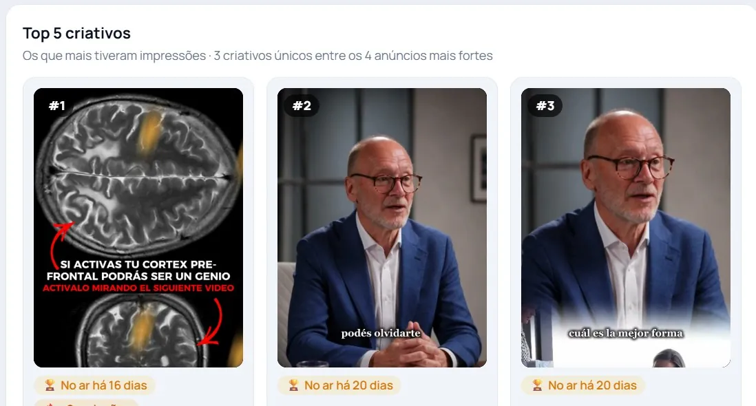 Top 5 criativos de uma oferta no Garimpro, com tempo no ar, variações e botões de baixar e transcrição